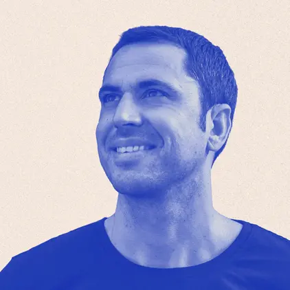 a man in a blue shirt