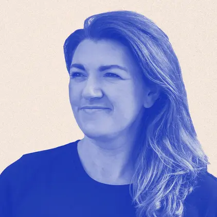 a woman in a blue shirt