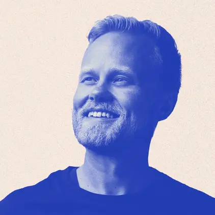 a man in a blue shirt