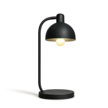 a black lamp with a light bulb