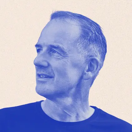 a man in a blue shirt