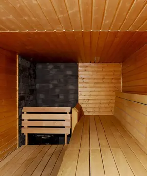 a wooden bench in a sauna