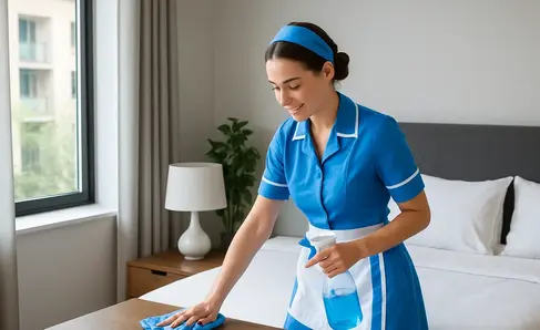 a woman cleaning a bed