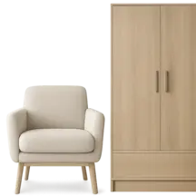 a chair next to a cabinet