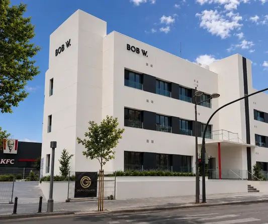 a white building with black text on it